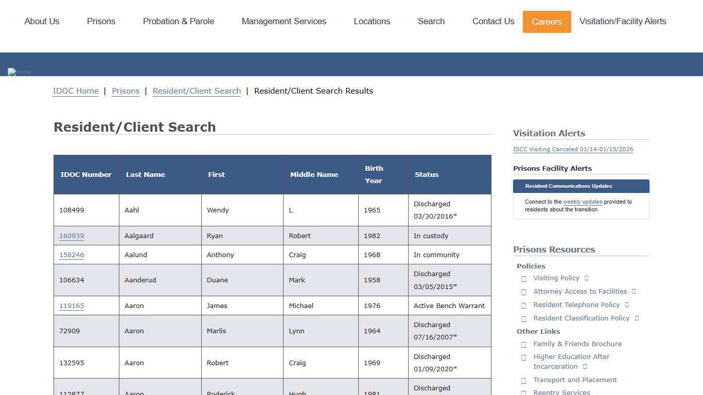 Resident/Client Search Results Idaho Department of Correction